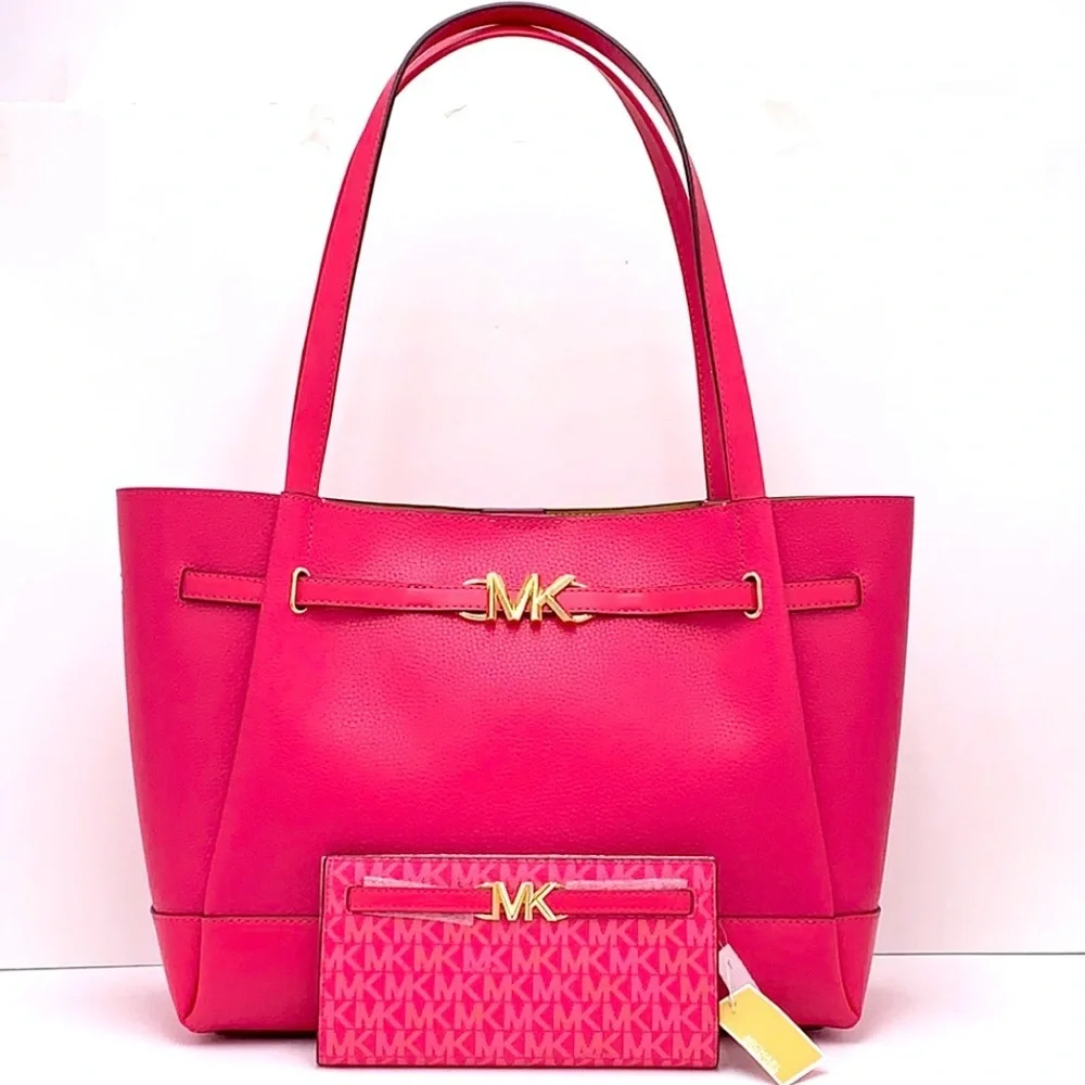 MICHAEL KORS Reed Large Logo Belted Shoulder Tote Bag & large wallet Elec Pink